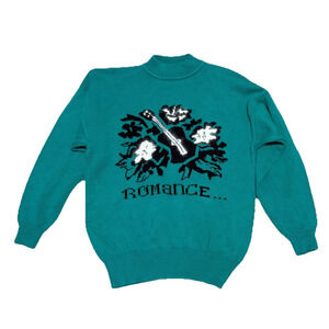 Rare Unique Vintage Bugatchi Linea Donna Sweater Romance Green 80s Large Graphic